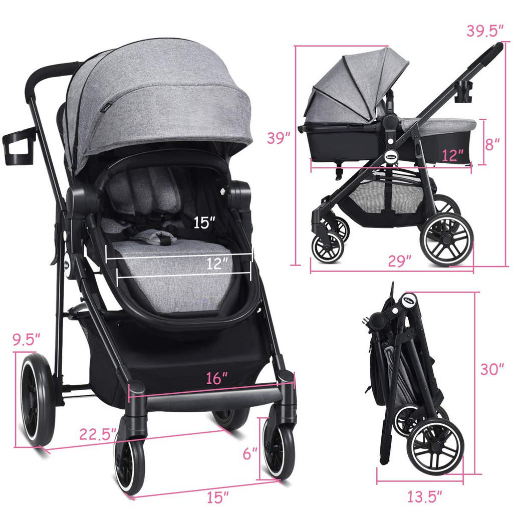 INFANS 2 in 1 Baby Stroller, High Landscape Infant Stroller & Reversible Bassinet Pram, Foldable Pushchair with Adjustable Canopy INFANS