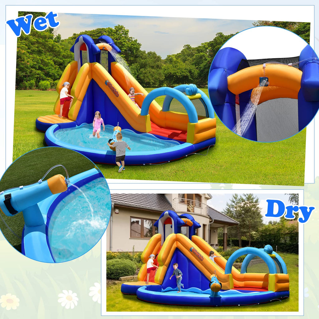 Infans Inflatable Water Slides, Shark Theme 14FT x 10FT x 8.5FT Bouncy House with Slide, Splash Pool, Climbing Wall, Water Gun INFANS