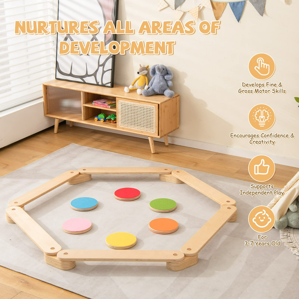 INFANS Montessori Wooden Balance Beam Stepping Stones for Kids Toddler,12 Piece Obstacle Course for Playroom Indoor Outdoor INFANS