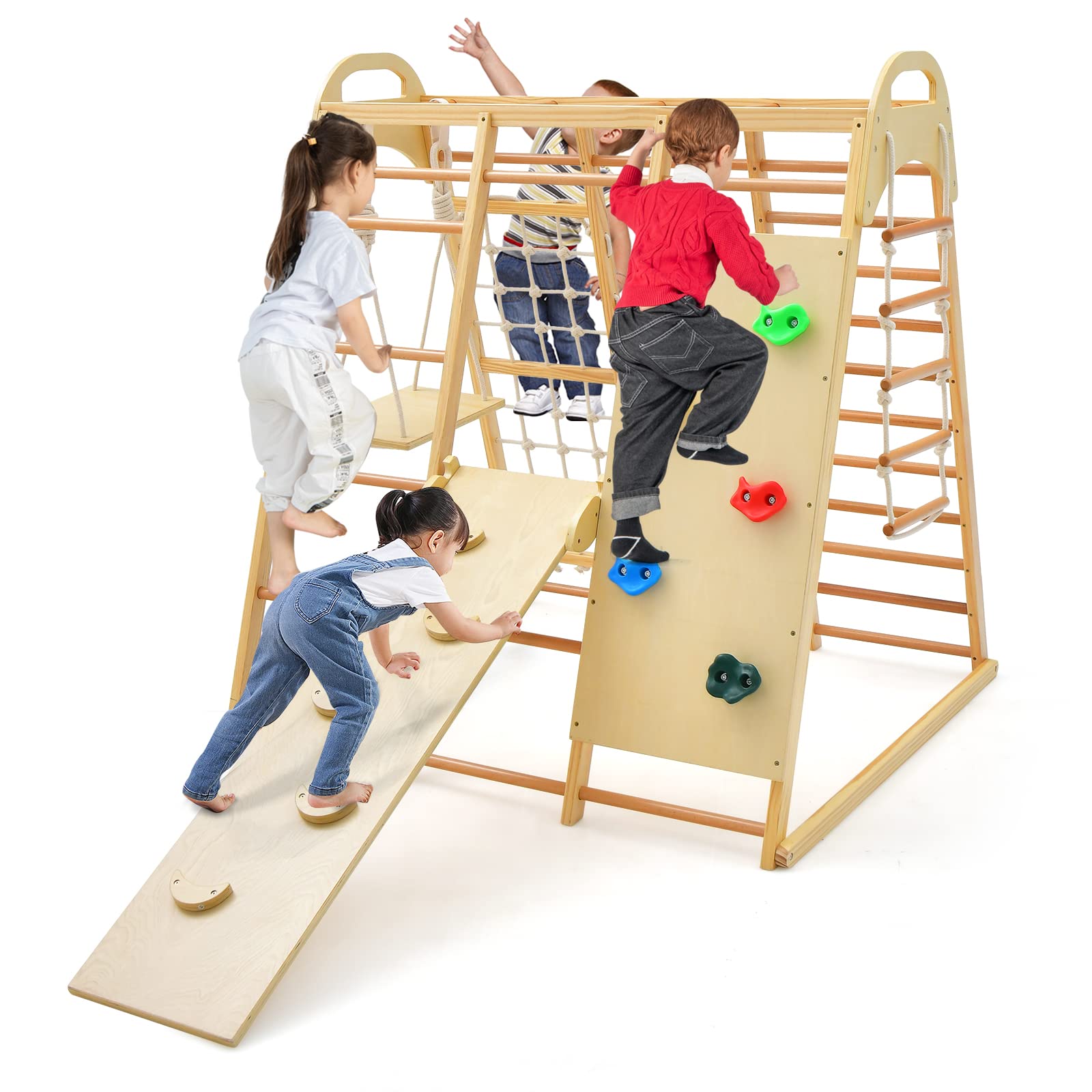 INFANS 8 in 1 Climbing Toys for Toddlers, Kids Wood Montessori Climber Playset, Indoor Playground Jungle Gym