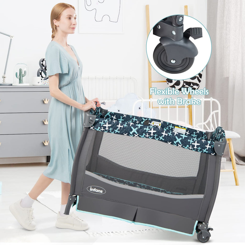 INFANS Baby Pack and Play, Portable Nursery Center with Bassinet Crib Mattress, Changing Table INFANS
